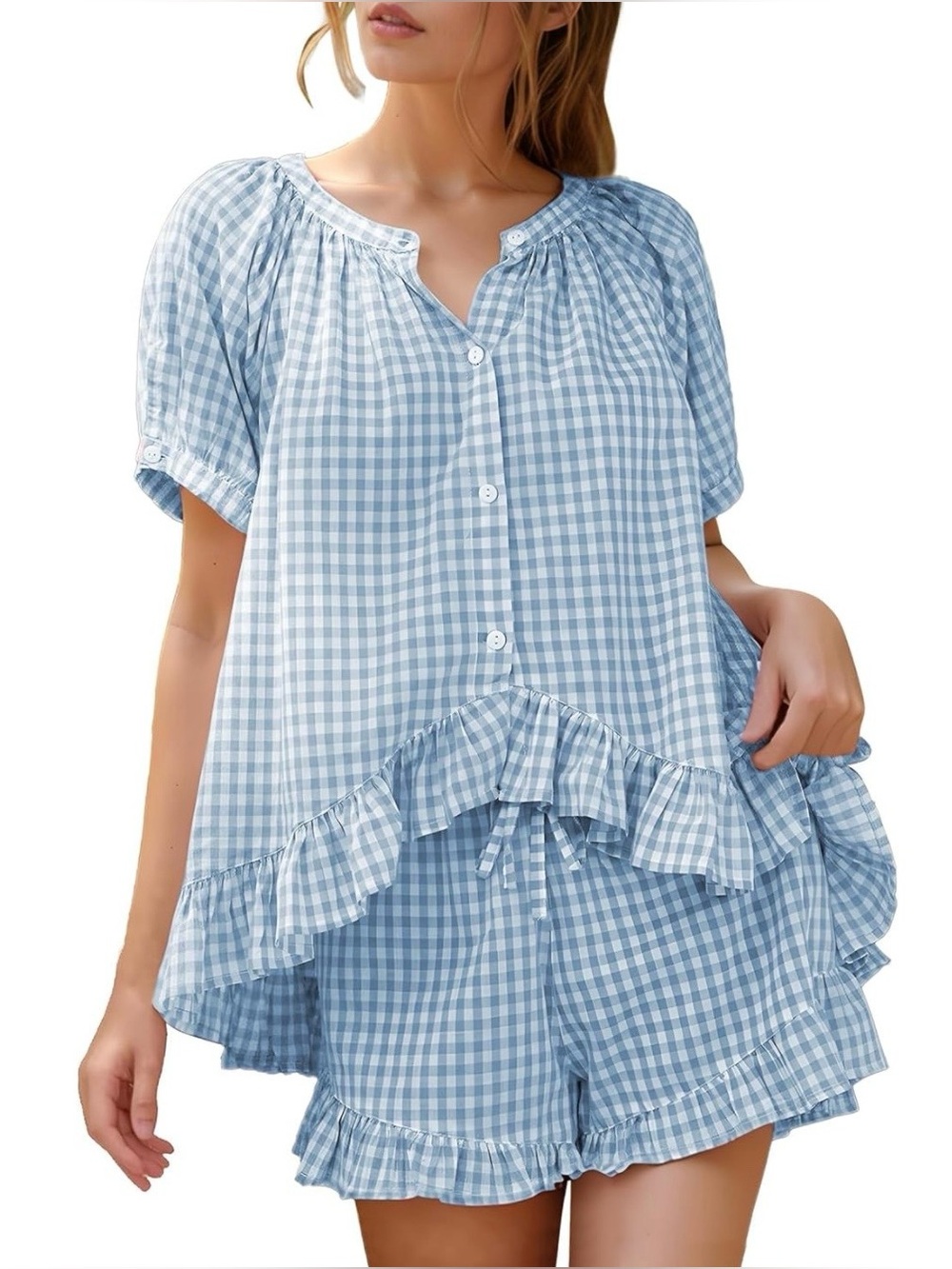 100% Cotton Cute Feminine Ruffled Blue Gingham 2pc spring summer Pajamas Set